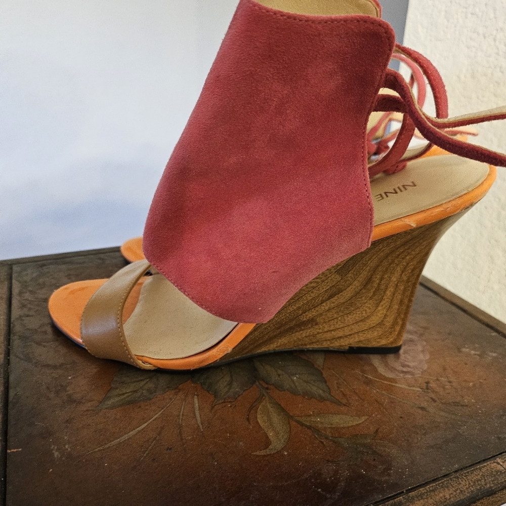 Coach Women's Coral and Brown Wedge Sandals